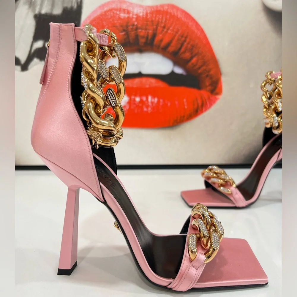 VERSACE Charm Crystal Chain High-Heel Sandals in PInk IT39/US9